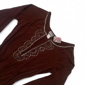 Vintage G+G RAVE • Chocolate Brown Boho Beaded Deep V Neck Top • SIZE - LARGE